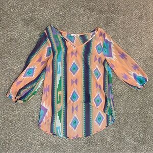 Wishful Park Geometric Aztec Print Hi-low Tunic Shirt Multicolor Semi-sheer EUC